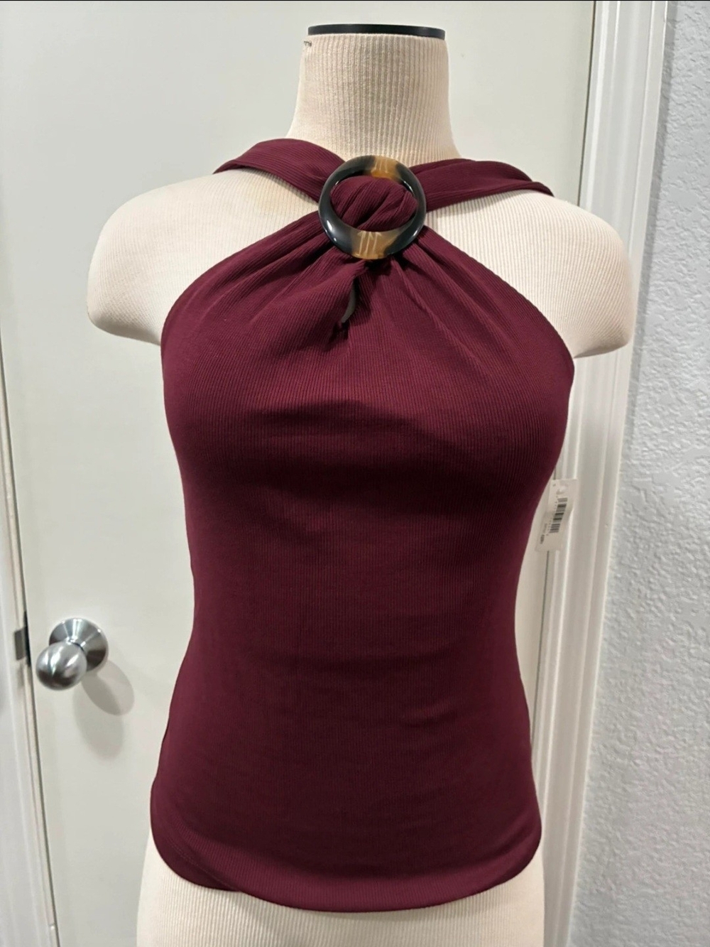 Amazon Women's Sleeveless Halter Top with Tortoiseshell Ring - Burgundy